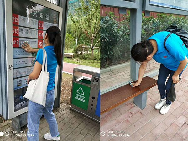 天金（jīn）岡團隊（duì）擦洗公交站台